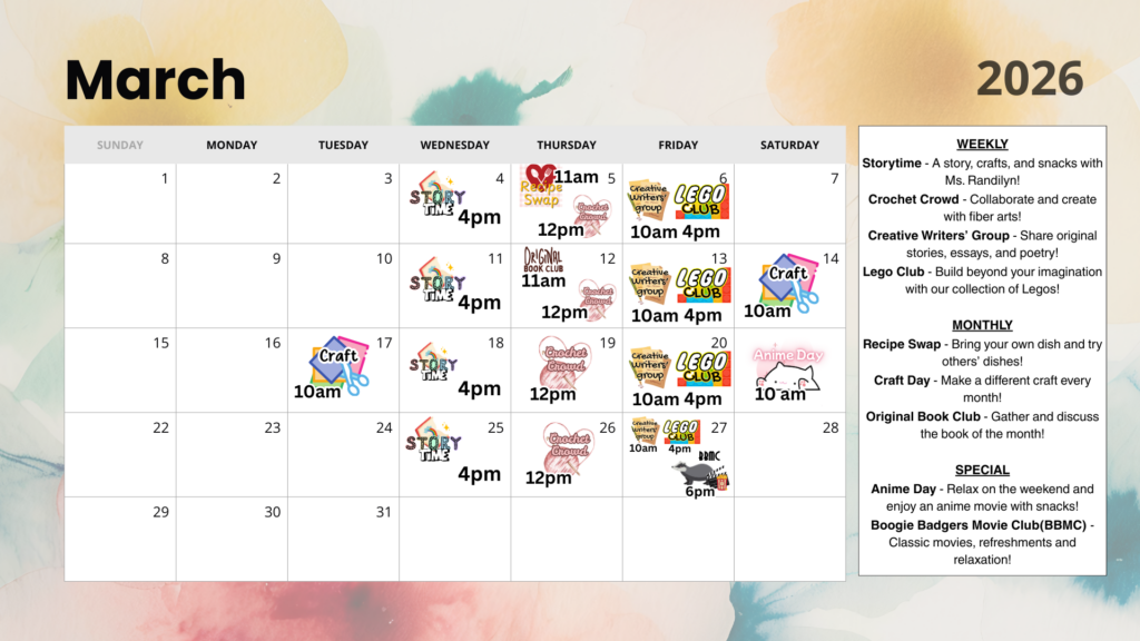 Bogalusa Branch Library Event Calendar for the Month of March